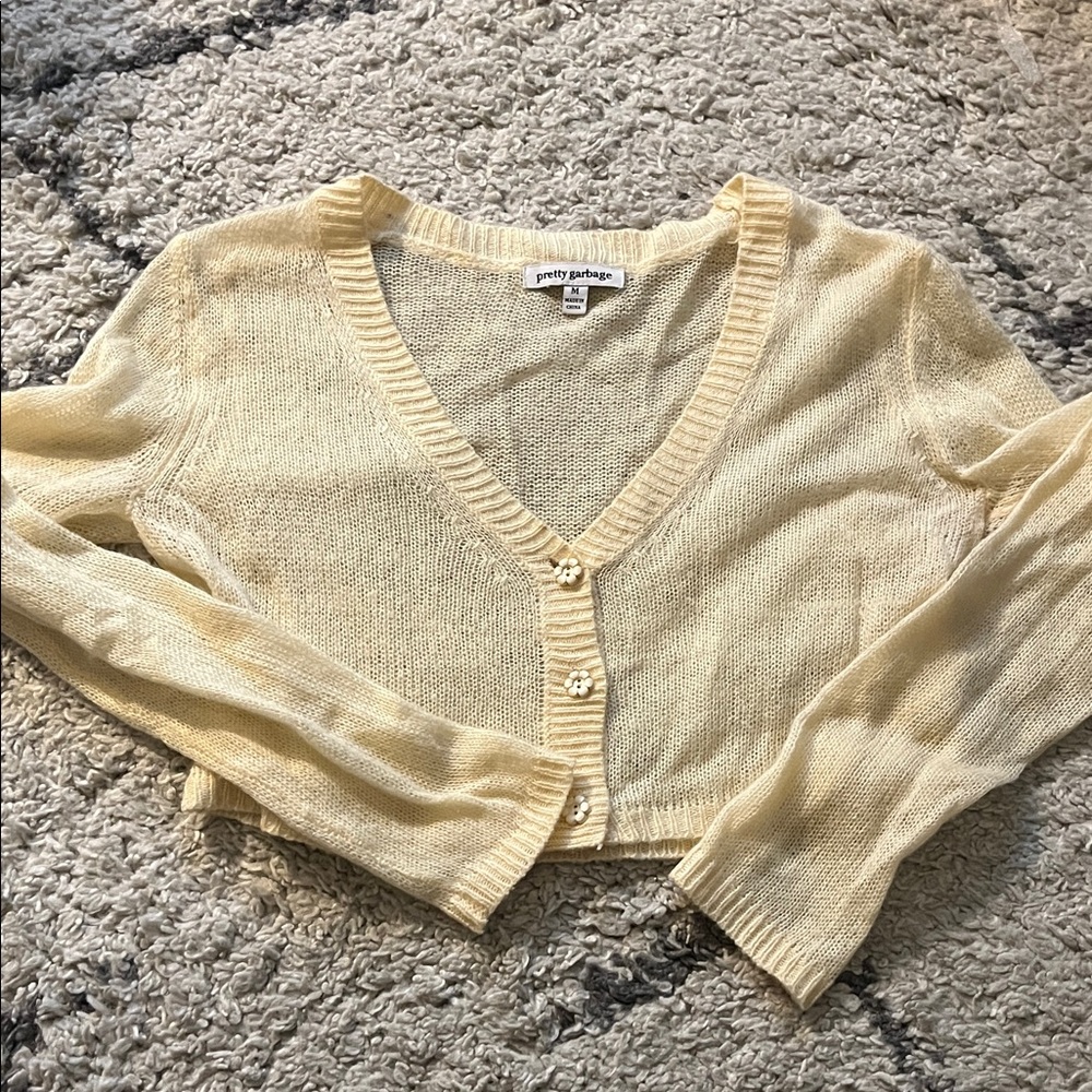 Women's Cream Cropped Sheer Cardigan Sweater - Size M